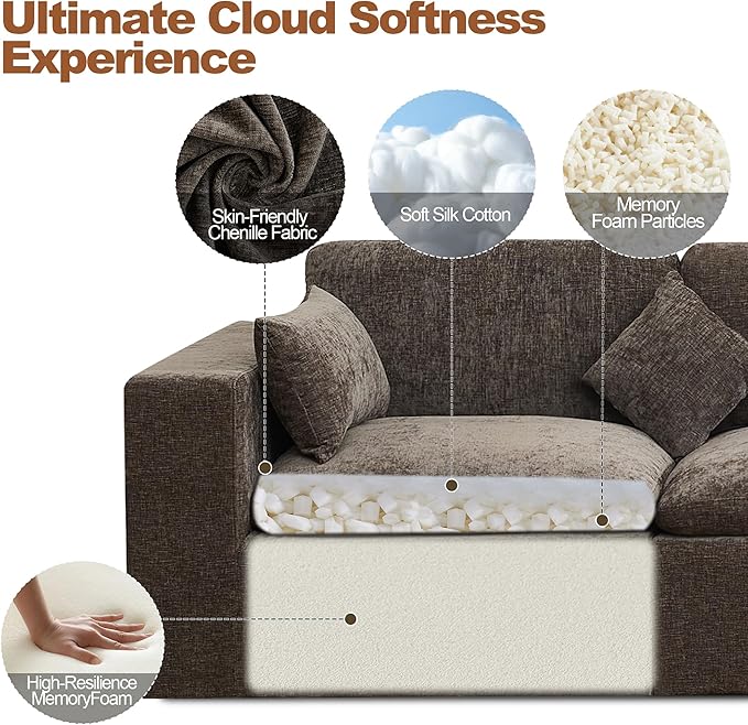 155''Cloud Boneless Sectional Couch, Modular Sectional Sofa Deep Seat, Oversized Upholstered Convertible Comfy 8 Seater Chenille Memory Foam Sofa U Shape Couches for Living Room, Brown