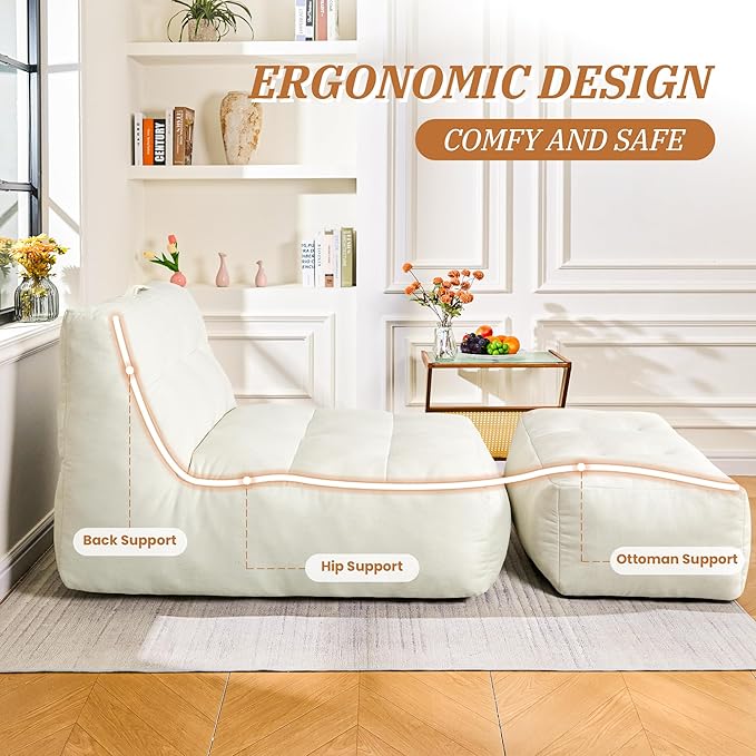 Bean Bag Chair with Ottoman, Giant Bean Bag Chairs for Adults with Memory Foam, Comfy Bean Bag Sofa for Bedroom, Lounge Beanbag of Reading and Gaming with Filler Included (Beige White)
