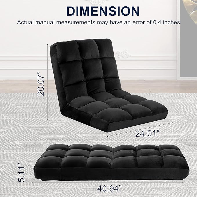 Floor Chair, 24 inches Wide Oversized Velvet Armless Lay Flat Floor seat Padded Meditation Chair with 6 Adjustable Position Ergonomic Comfortable Convenient(LRSF-016-BLACK)
