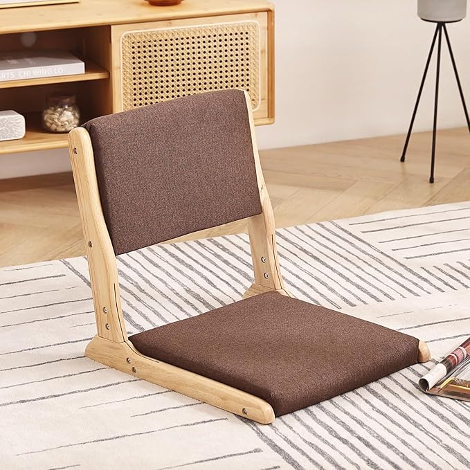 Tiita Foldable Tatami Chair, Japanese loor Chair, Wood Legless Back Rest Chairs with Cushion, Accent Meditation Floor Chairs Bay Window, Wood Brown