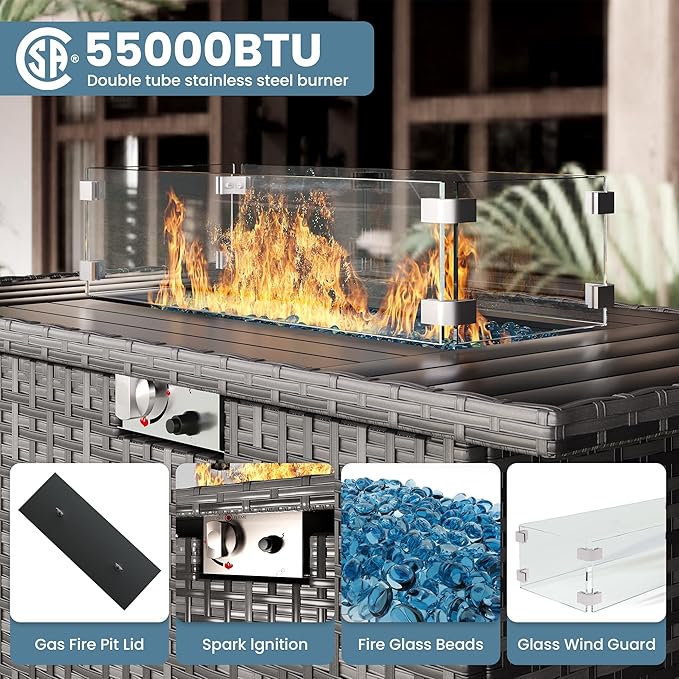 5 Piece Patio Furniture Set with Fire Pit Table, Outdoor Conversation Sets Grey Wicker Rattan Sectional Sofa, 4'' Thickened Cushion Dark Grey (Include Waterproof Cover)