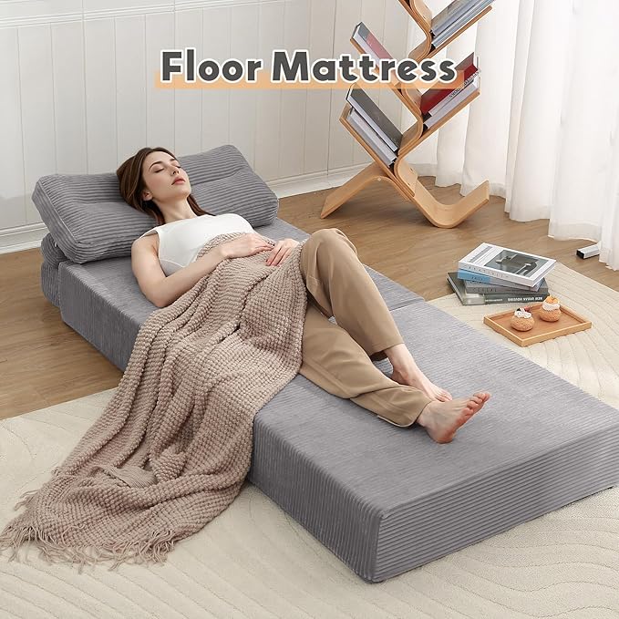 MeMoreCool Folding Sofa Bed Single Grey – Convertible Sleeper Chair with Back Support | Foldable Floor Lounge Mattress Chair with Headrest & Lumbar Pillow, Ideal for Living Room, Bedroom Guest Space