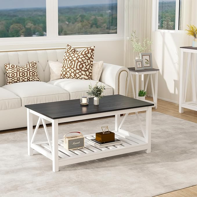 UYIHOME Farmhouse Coffee Table, Black and White Coffee Table for Living Room, 2-Tier Rectangular Wooden Centre Cocktail Table with Slats Shelf Storage and V-Shaped Frame Modern Coffee Tables Oak Black