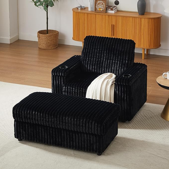 Eafurn 42.5" Oversized Accent Chair with Storage Ottoman Convertible Chaise Lounge, Corduroy Cloud Sofa Chair w/Cupholders, Modern Extra Wide Armchair