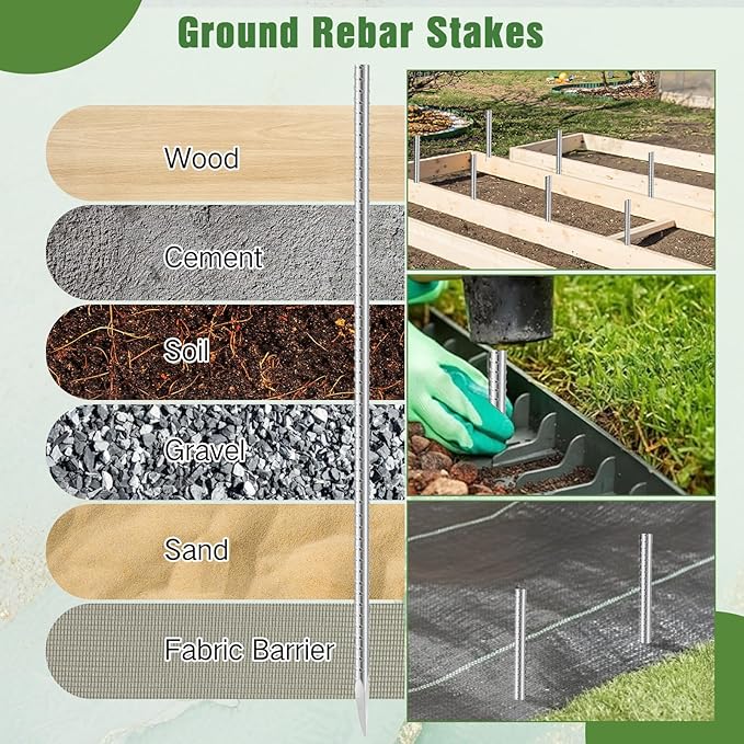 Gisafai 24 Pcs 24 Inch Ground Rebar Stakes Heavy Duty Ground Anchors Steel Plant Support Garden Stake Long Straight Metal Spikes with Chisel Point End for Concrete Timber Garden Plant Tent