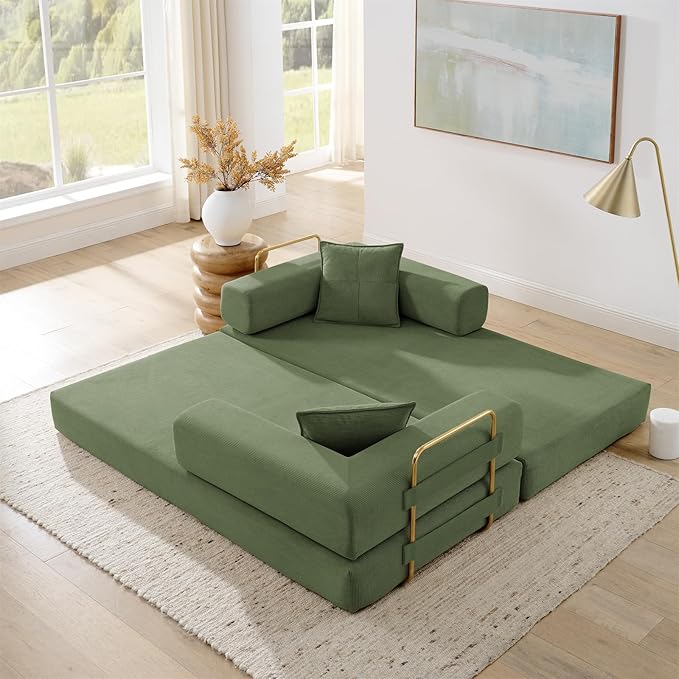 Antetek Convertible Futon Sofa Bed, 3 Seater Modern Corduroy Foam Floor King Size Bed Fold Out Sleeper Lounge Loveseat Sofa Couch with 2 Throw Pillows for Living Room Bedroom Guest Room, Green