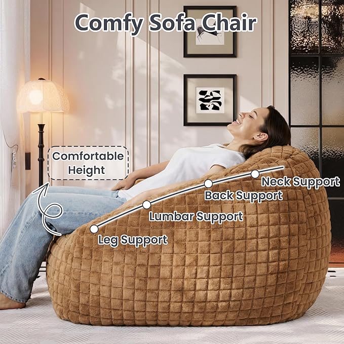 Bean Bag Chairs for Adults, Giant Beanbag Sofa Comfy Reading Chair, Oversized Bean Bag Chairs for Living Room Bedroom, Soft Faux Fur Fabric, 3.2FT, Khaki, Checkered