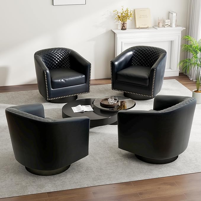 DREAMSIDEA Swivel Barrel Accent Chair, Comfy Modern Upholstered Round Faux Leather Arm Chair for Living Room, Bedroom（Black, Set of 4