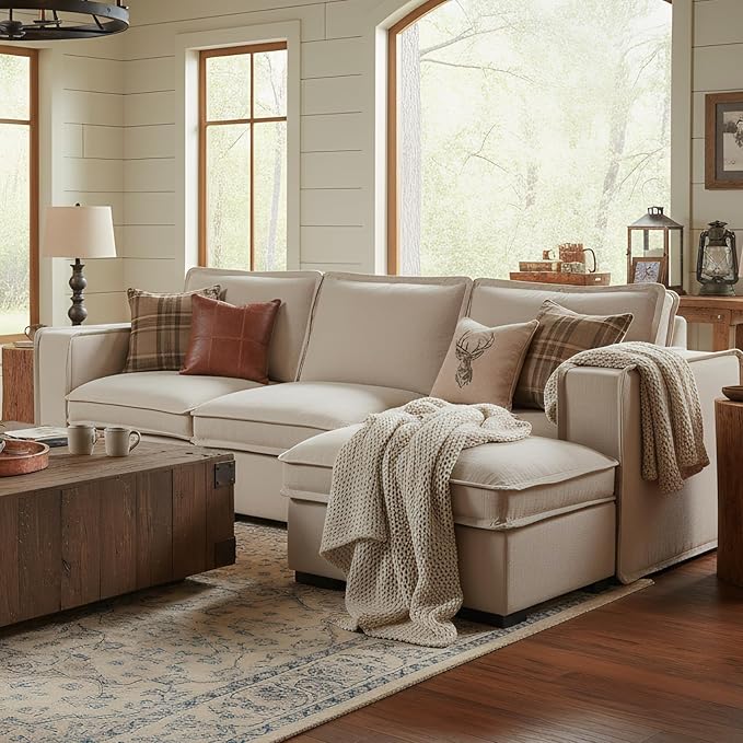 HEAY-YO 93 Inches Modern Modular Sectional Sofa,L Shape 3-Seater Comfy Couch with Moveable Ottoman,Floor Sofa for Living Room Bedroom Apartment,Linen Sand