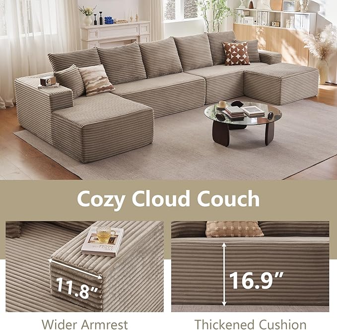 Lakifun 166.9" L-Shape Sofa with Ottoman, Modern Modular Sectional Comfy U-Shape Cloud Couch, Deep Seat, Upholstered Corduroy Sleeper Chaise Longue for Living Room Bedroom, No Assembly Required, Camel