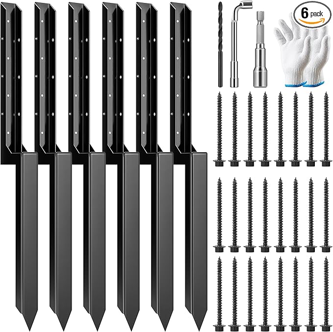 VIVOSUN Fence Post Repair Kit, Heavy-Duty Ground Spike with Gloves for Repairing Tilted or Broken Wood Posts (6 Pack, Black)