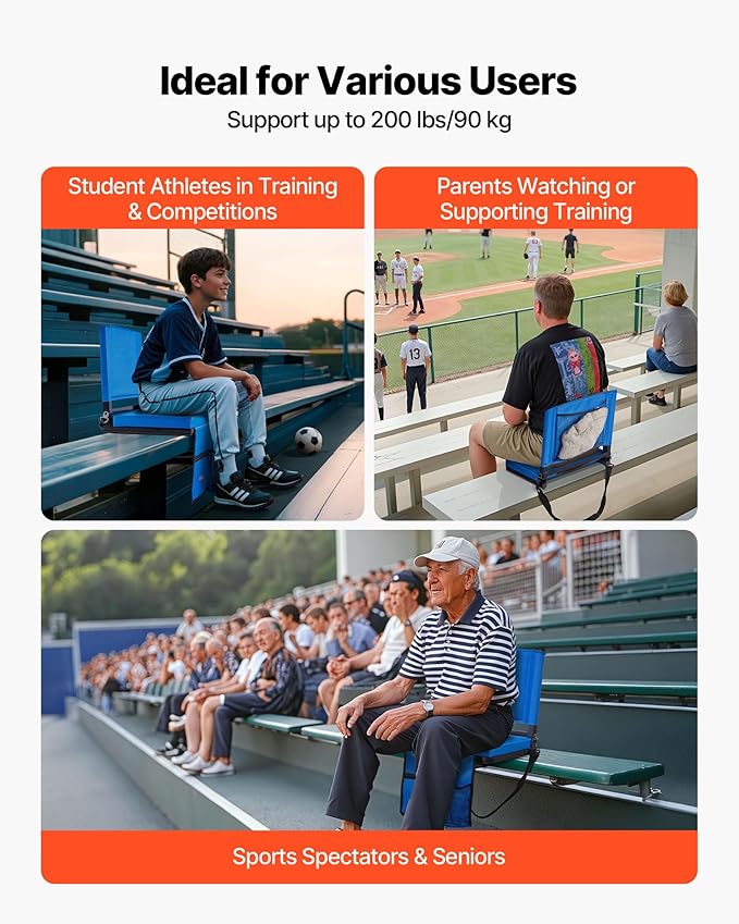 VEVOR Stadium Seat, Folding Bleacher Seat with Back Support & Thick Cushion, Padded Stadium Seats for Bleacher Includes Shoulder Strap, Hooks, Cup Holder, and Side Pocket, Blue Bleachers Chair, 2PCS