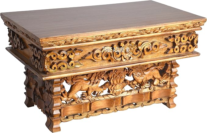 Tribe Azure Fair Trade Small Snow Lion Altar Table, Hand Carved Wooden Table with Majestic Garuda, 16 in x 9 in x 9 in
