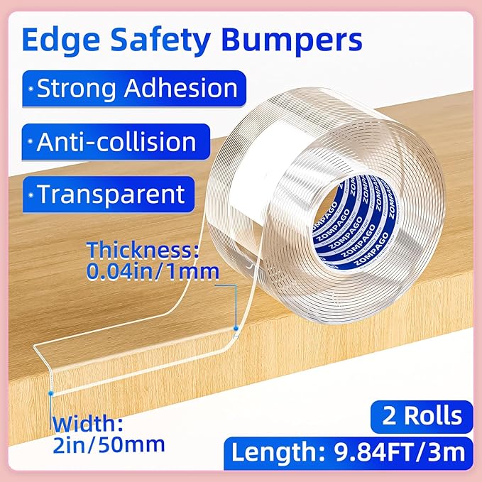 ZOMPAGO Clear Soft Corner Protectors for Furniture Strip,2in x9.84FT,2 Rolls,Sharp Edge & Table Bumper,Window Edge,Wall Protector, Soft Corner Guards Safe for Proof,Table Corner Protectors in Family