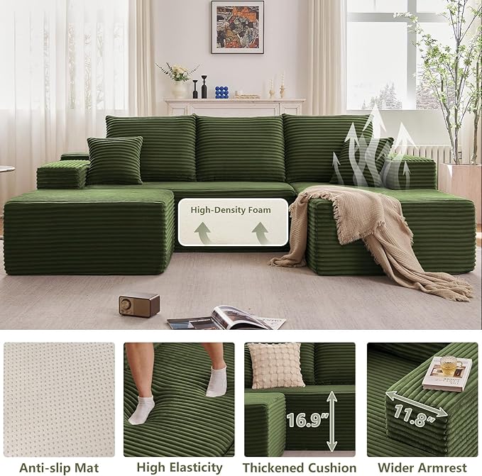 Lakifun 107" U-Shape Cloud Couch, Modern Modular Sectional Comfy L-Shape Sofa with Ottoman, Deep Seat, Upholstered Corduroy Sleeper Chaise Longue for Living Room Bedroom, No Assembly Required, Green