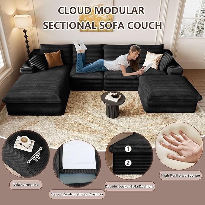 136" Cloud Modular Sectional Sofa with 1 Ottoman, Modern Upholstered Corduroy Couches, Comfort U Shaped Sofa for Living Room, Deep Seat Boneless Couch, No Assembly Required(Black,Left Facing Chaise)