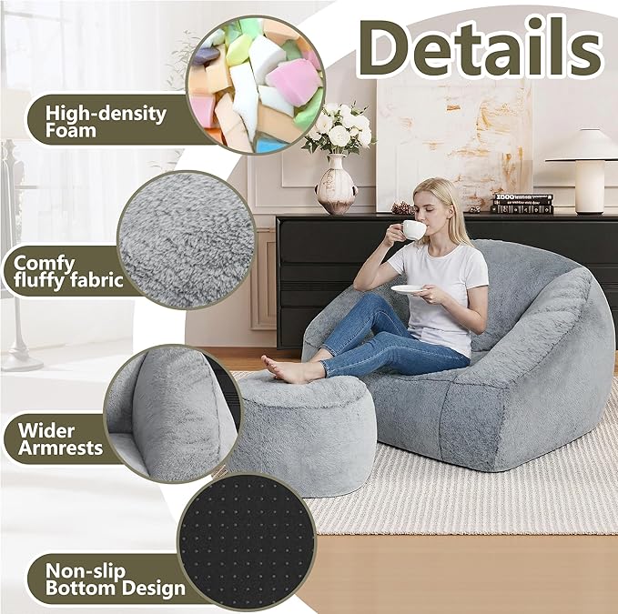 Bean Bag Chairs with Ottoman for Adults, Comfy Beanbag Chair with High-Resilience Foam, Oversized Bean Bag Sofa with Soft Faux Fur Fabric, Bean Bag Chair for Living Room,Bedroom,Light Grey