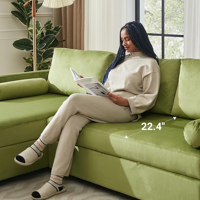 Tbfit 90.6'' 3 in 1 Sleeper Sofa Couch with Storage Chaise, Velvet Sofa Bed with Pull Out Bed, Convertible Sleeper Sofas for Living Room, Small Spaces, Green