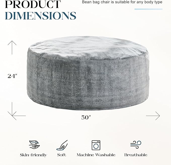 Hobestluk Bean Bag Chairs Giant Beanbag Chair with Filler, Memory Foam Bean Bags with Fluffy & Machine Washable Cover, Bean Bag Chairs for Aduts for Living Room, Bedroom (Grey, 5FT - 50” x 50” x 24”)