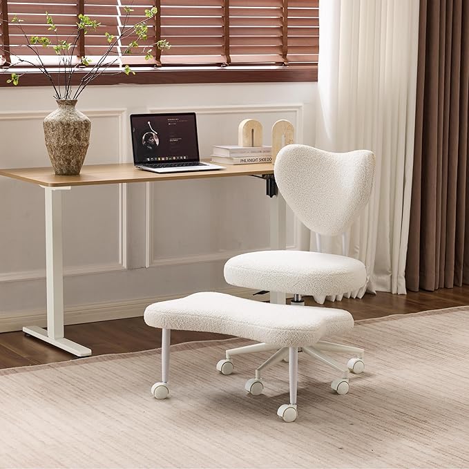 Meditation Chair with Lumbar Support, Ergonomic Floor Sitting Chair Adjustable Height, Cross Legged Chair for Office, Yoga & Mindfulness, Cushioned Seat with Wheels (Beige)
