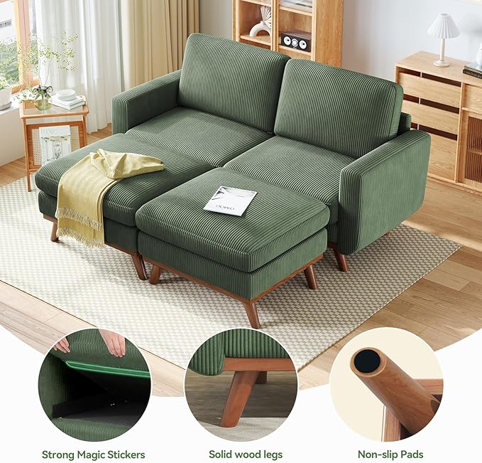 Vesgantti 68" Loveseat Sofa with Movable Ottoman, Comfy Corduroy Couch with Spring Cushion, Sofa Couch with Solid Wood, Modern Office Sofa with Deep Seat for Living Room and Bedroom, Green