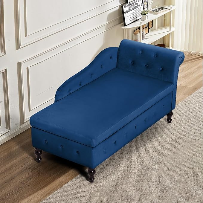 ACMEASE Upholstered Chaise Lounge with Right Armrest & Lumbar Pillow,Button Tufted Lounge Sofa with Storage,Lounge Chair Indoor,Modern Velvet Lounge Chair for Bedroom, Living Room and Office,Blue