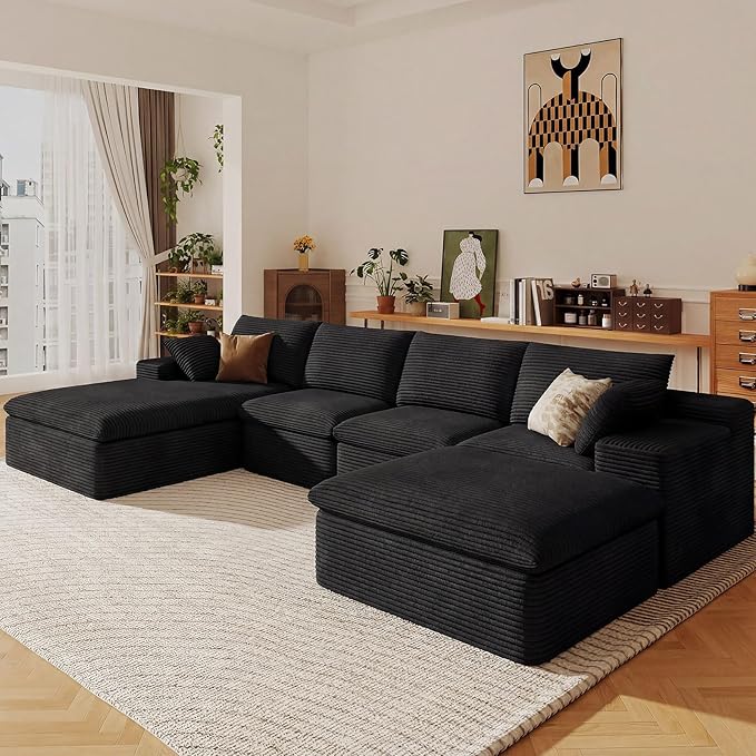 136" Cloud Sectional Couch with U-Shaped Chaise,Corduroy Viral Boneless Sofa with Ottoman,Memory Foam Couches in a Box with Deep Seat for Living Room,No Assembly Required (Black,Left-Facing Chaise)