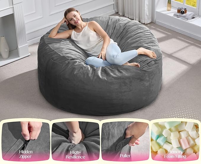 Hobestluk Giant Bean Bag Chair Bed for Adults, Large Bean Bags with High-Density Foam Filling, Convertible Big Sofa Bed Couch for Living Room, Bedroom, Playroom (Grey, Queen)