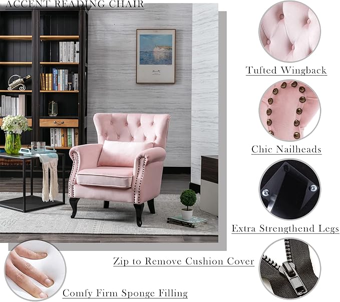 Janoray Mid Century Modern Accent Chair Upholstered Armchair Comfy Velvet Fabric Single Sofa with Tufted Wingback for Small Spaces Bedroom Living Room, Pink