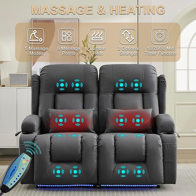 URRED Loveseat Recliner Sofa with Massage and Heat, Power Reclining Loveseat Sofa RV Couch Home Theater Seating with LED Lights, Cup Holders, Side Pockets, USB, Pillows, Leathaire Gray