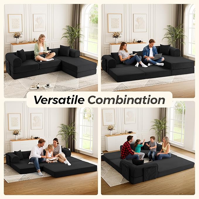 106.3" Oversized Convertible Sleeper Sofa Bed, L Shape Modular Sectional Cloud Sofa with Fixed-Shape Frame, Boneless Couch with Storage Pocket for Living Room, No Assembly Required, Black