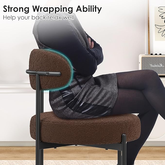 Farini Dining Chairs Set of 4,Mid-Century Modern Kitchen Chair Curved Backrest Round Upholstered Sherpa Dining Chairs with Metal Legs,Coffee