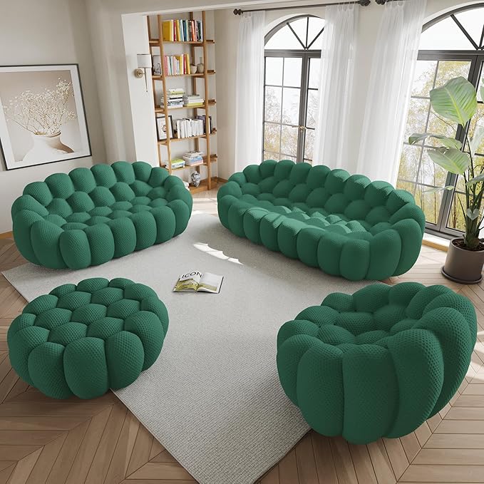 WJShome Modular Sectional Sofa,Bubble Couch Set,1 Seater+ LoveSofa+ 3 Seater+Ottoman,Modern Upholstered Bean Bag Sofa Couch Mesh Fabric Lazy Floor Chair Living Roon Sets (Green, 98.43"+79"+48"+42")