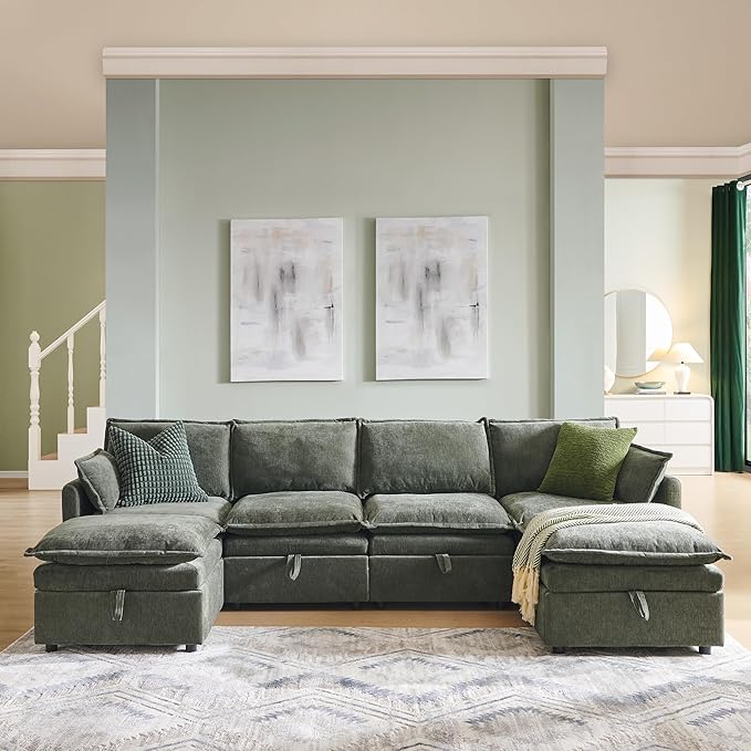 112.6" Sectional Couches for Living Room, Cloud Couch Sectional with Large Storage, U-Shape Modular Sectional Sofa with Ottoman, 6 Seater Chenille Sofa with Pillow for Apartment, Bedroom, Green