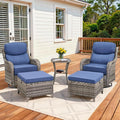 Pugire Luxury Outdoor Swivel Rocker Patio Chairs Set of 5, High Back Patio Chairs with Side Table & 6" Thick Cushions, Ottomans, Wicker Outdoor Bistro Set for Porch, Yard, Deck, Poolside, Grey/Blue