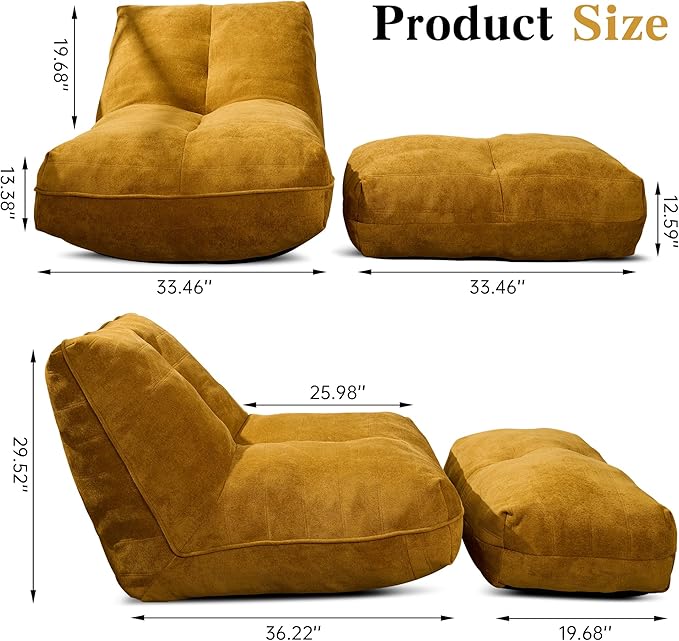 Cvortll Bean Bag Chair with Ottoman, Comfy Bean Bag Sofa with Memory Foam, Lazy BeanBag Sofa with Footstool, Fireside Bean Bag Couch for Living Room, Bedroom, Apartment (Yellow)