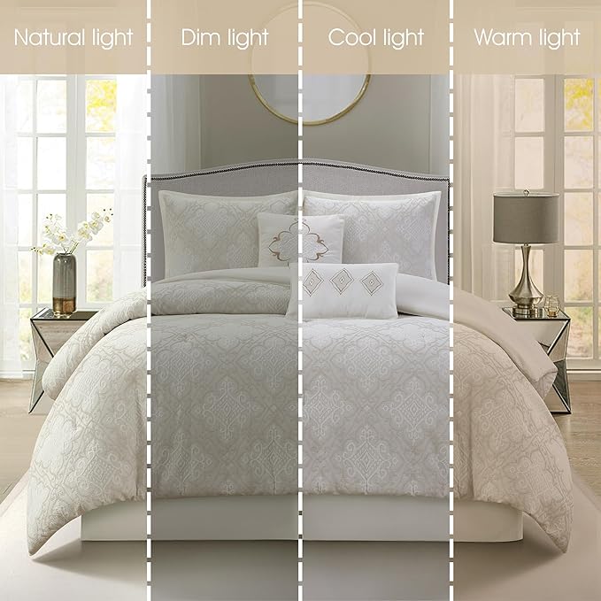 Grand Avenue 6 Piece Cotton White Comforter Set, California King Size Jacquard Bedding Set, All Season Geometric Bedding, Matching Pillows, Shams, Bed Skirt