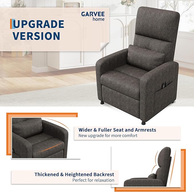 GarveeHome Power Recliner Chair, Adjustable Electric Recliner Ergonomic Overstuffed Single Sofa, Tall Back, Padded Seat, 2 Side Pockets and USB Port, Home Theater Seating for Living Room
