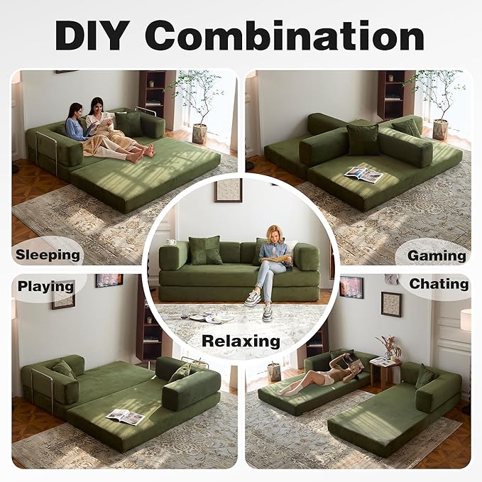 LIAROO 98.4" Convertible Sofa Bed - Compression Sofa with Corduroy Fabric - with Armrests and Backrest - Modular Sectional for Living Room, Bedroom, Studio - Compression Sofa in Box (Green)