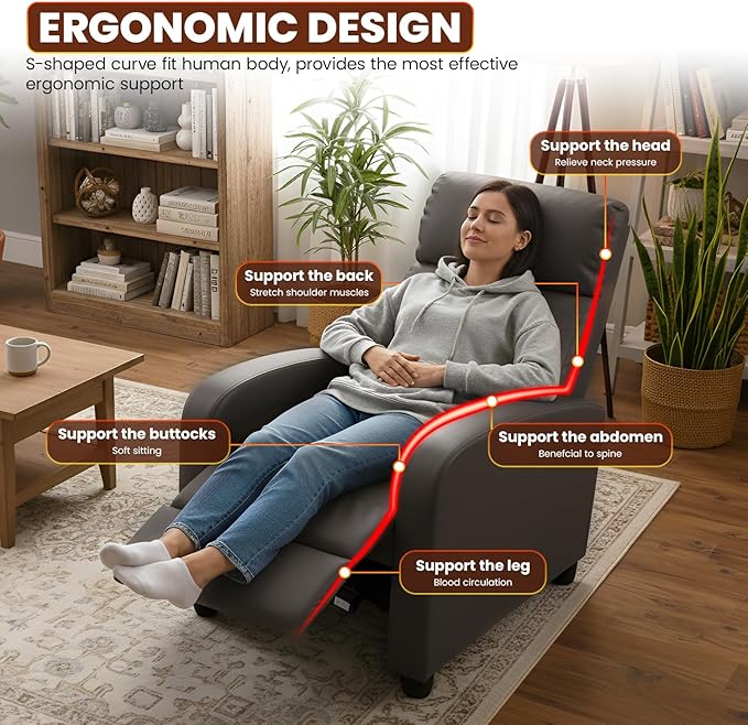 BestMassage | Recliner Chair | No Massage Function | Pu Grey | with Lumbar Support, Adjustable Push Back, Wide Armrests, Footrest & Padded Seat | Easy Assembly | for Living Room, Home Theatre