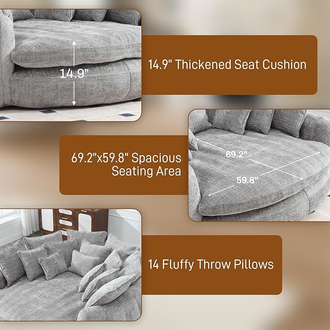 81" Oversized Bean Bag Chair Boneless Round Chaise Lounge Comfy Chenille Reading Chair Fluffy Plush Sofa Bed Large Deep Seat Circle Cloud Couch for Living Room, Bedroom, Apartment, Light Gray