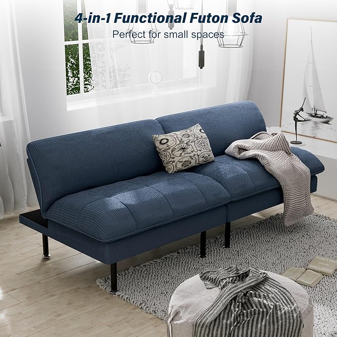 2 Sets 70" Futon Sofa Bed, 4 in 1 Multi-Function Couch Sleeper with Adjustable Backrest, Modern Convertible Futon, Recliner Small Loveseat for Living Room, Blue