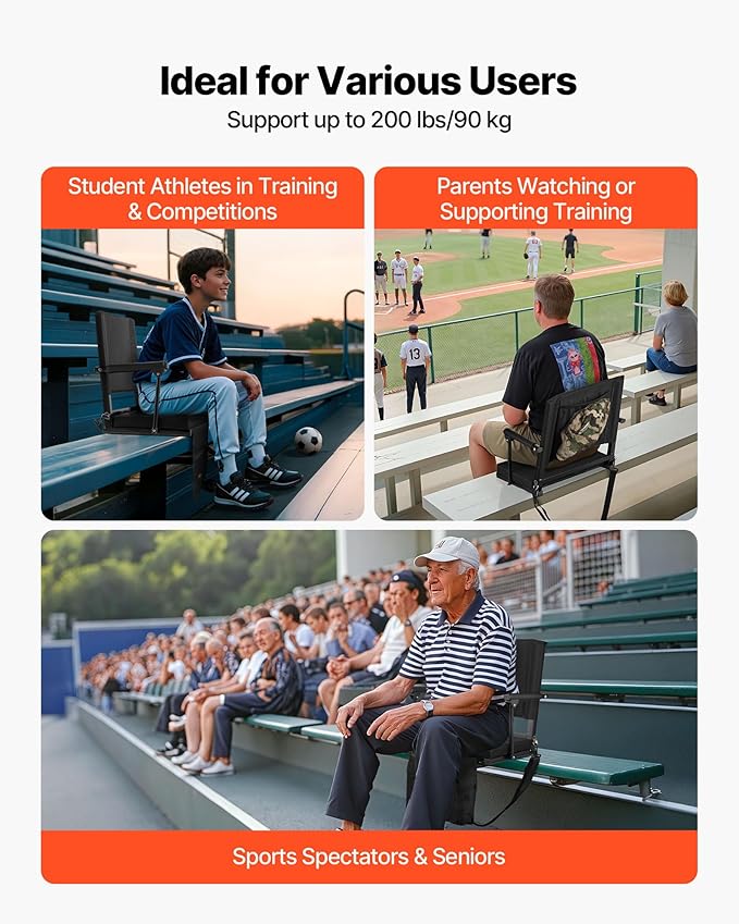 VEVOR Stadium Seat, Portable Bleacher Seat with Armrest, Back Support and Thick Cushion, Bench Chair for Bleacher Includes Shoulder Strap, Hooks, Cup Holder, Black Football Bleachers Seats, 1PCS