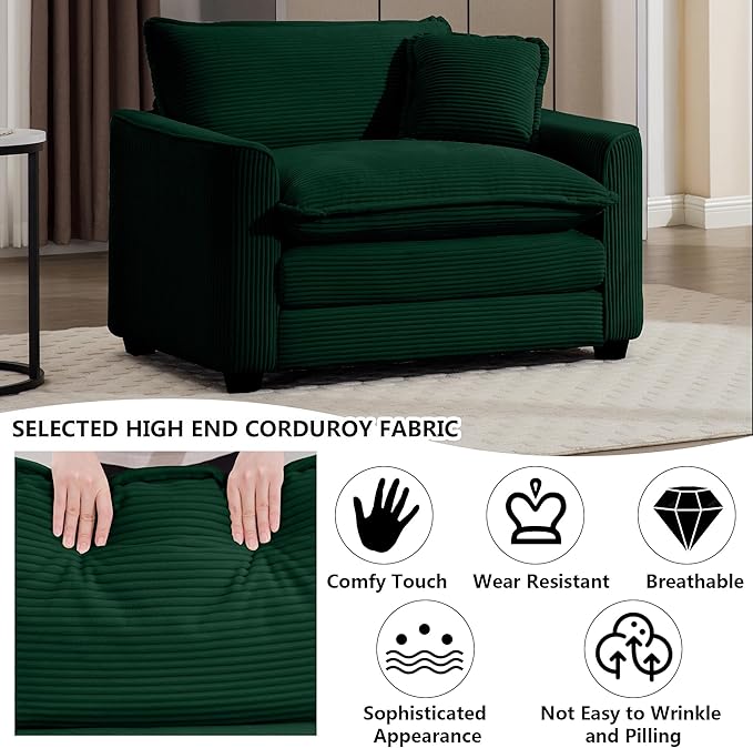 Aoowow Corduroy Large Armchair,Modern Oversized Single Sofa Chair with Throw Pillow,Deep Single Seat Cloud Sofas Couches for Living Room,Tufted Oversized Accent Arm Chair (Green, Sofa Chair)