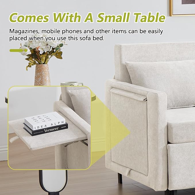 QHITTY Pull Out Couch Bed, 2-in-1 Sleeper Sofa Small Loveseat Bed with Hidden Side Table and Iron Frame for Living Room, Small Space, Apartment (White)