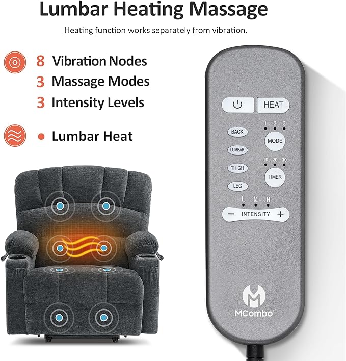 MCombo Power Lift Recliner Chair for Elderly, Lift Chair with Heat and Massage, 150° Max Recline, Extra Wide Lift Recliner for Big People, Fabric R7096 (Medium-Wide, Dark Grey)