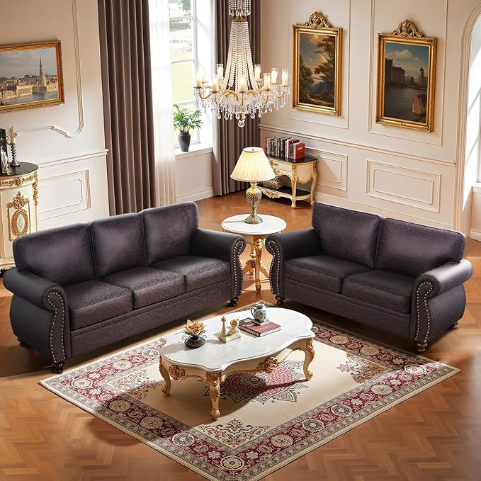 Couchus Mid-Century Vintage Sofa Couches with Rivet Design,loveseat Sofa,Removable Sofa Cover Upholstered Cushions and Solid Wood Frame (Brown, Loveseat)