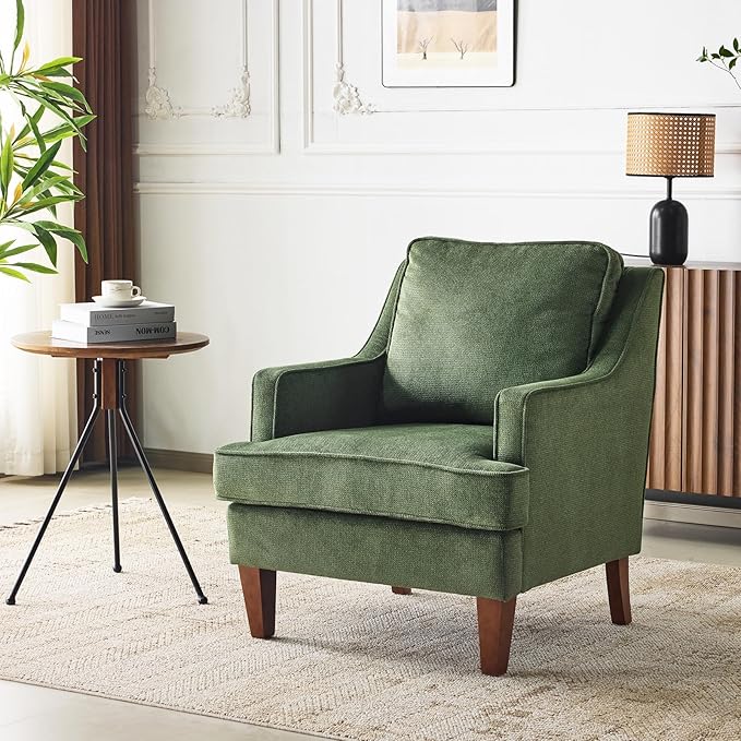 VINGLI Mid-Century Modern Accent Chair, Green Upholstered Armchair Comfy Sofa Chair Reading Chair High Back for Living Room Bedroom Furniture Apartment