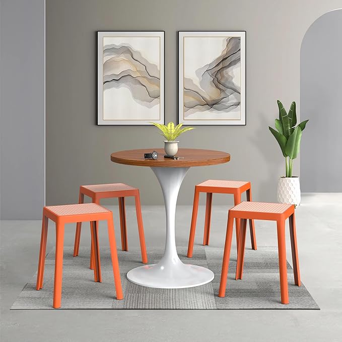 LeisureMod Tresse Mid-Century Modern Square Plastic Dining Stool Set of 2, Stackable Accent Stools with Breathable Seat, Lightweight Seating for Kitchen, Dining Room, Bedroom, or Entryway (Orange)