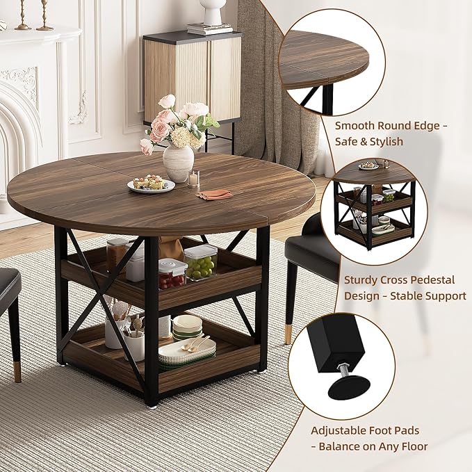 5-Piece Round Dining Table Set for 4 with Storage, Kitchen Table with 4 PU Leather Chairs, Space Saving for Breakfast Nook, Dinette, Dining Room (Boxwood Dining Table-4 Black Chairs)